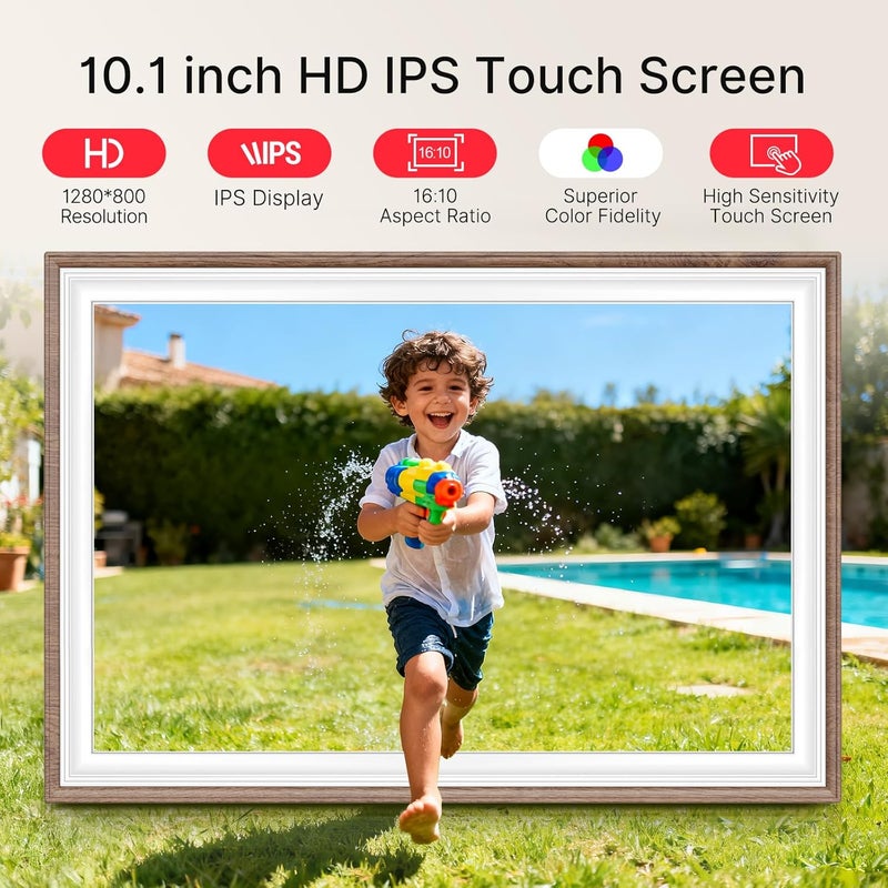 MaxAngel Frameo 10.1" Digital Picture Frame, Smart WiFi Digital Photo Frame with 1280x800 HD IPS Touch Screen 32GB Storage Auto-Rotate Wall Mounted, Share Photos/Videos Remotely(Brown&White) - Image 4